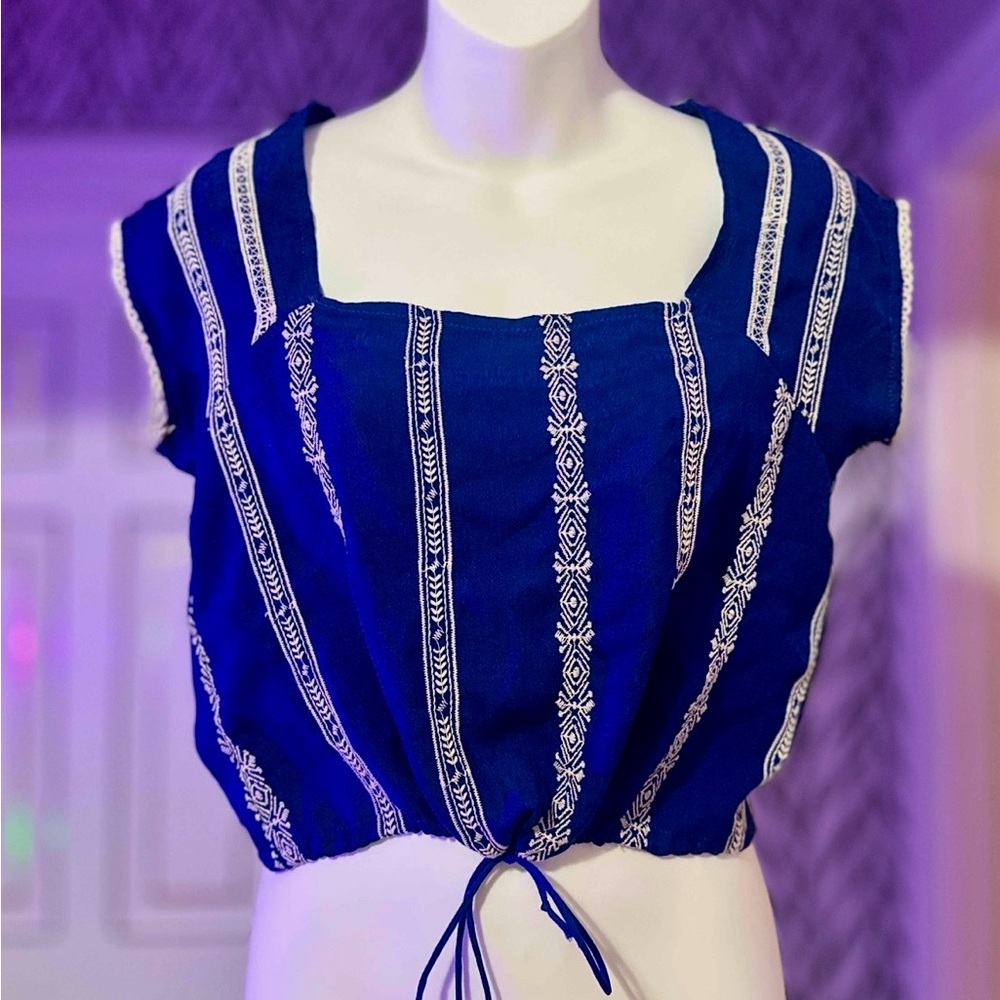 Altar'd State Navy and White Embroidered Top